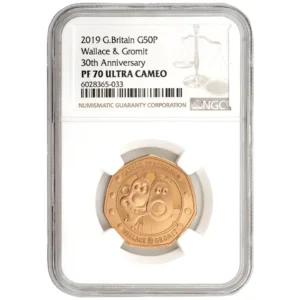 2019 UK Wallace & Gromit 50p Proof Gold Coin – Graded PF70 Ultra Cameo (NGC)