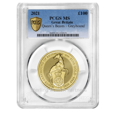 2021 Queen’s Beasts Greyhound of Richmond 1oz Gold Coin MS66–MS70