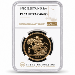 1980 Great Britain £5 Quintuple Sovereign Gold Proof Coin NGC PF67 Ultra Cameo