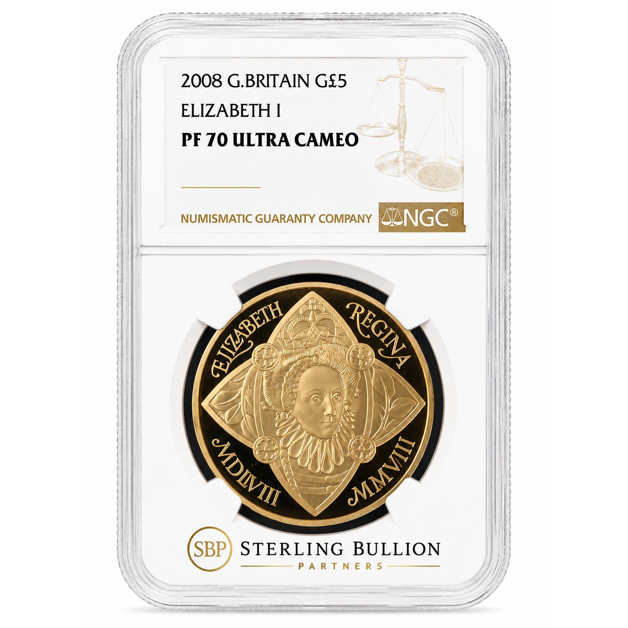 2008 Queen Elizabeth I 450th Anniversary £5 Gold Proof NGC PF70 Ultra Cameo