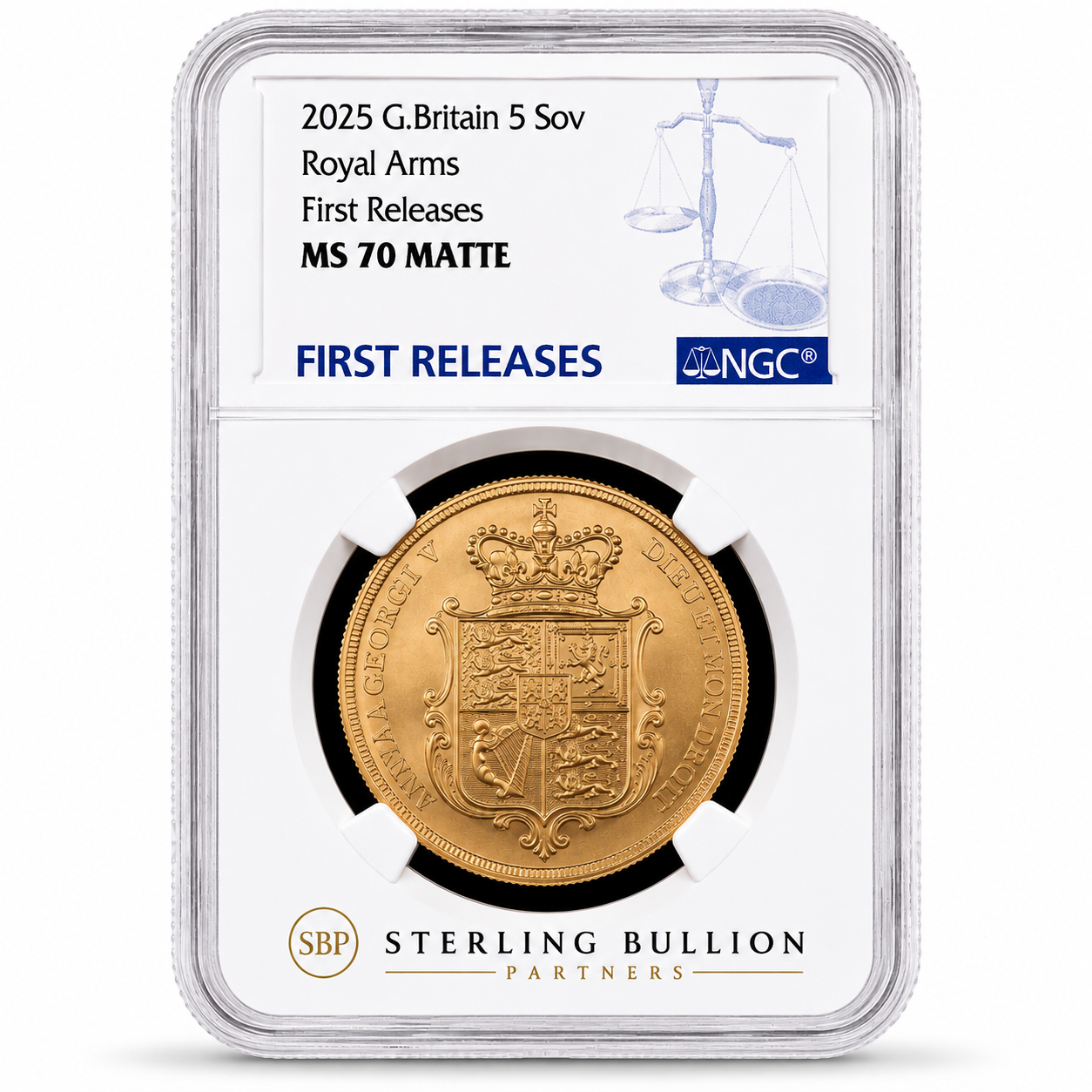 2025 Royal Arms Five-Sovereign Gold Coin NGC MS70 Matte First Releases