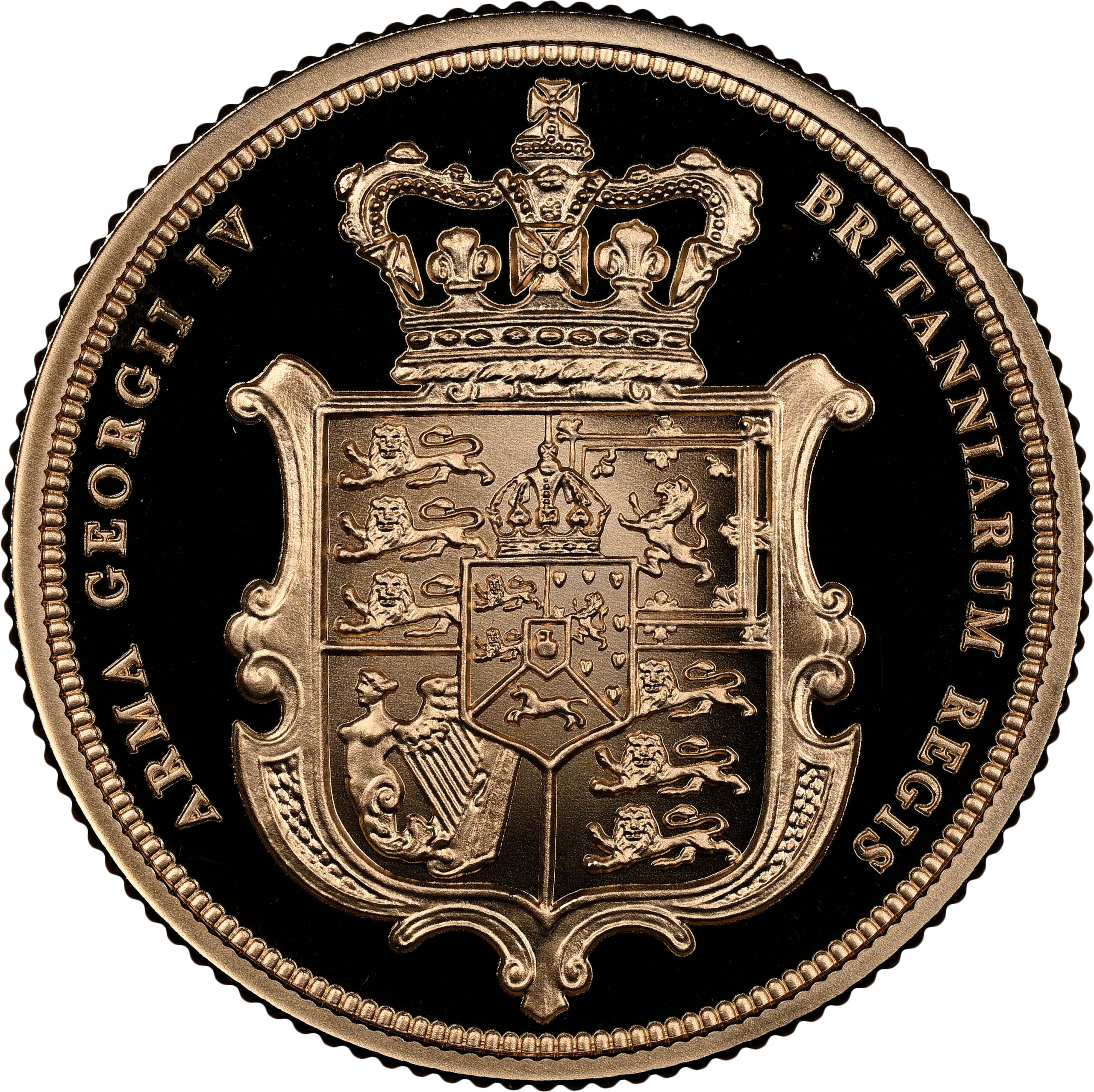 2025 Royal Arms Sovereign Gold Proof reverse featuring Jean Baptiste Merlen Royal Arms design2